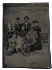 Tintype Photograph Large Group of 10 People on Painted Ocean Scene Backdrop picture
