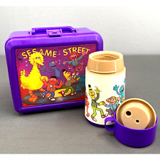 Aladdin Sesame Street Lunch Box Set Thermos Purple Big Bird Bert Cookie USA MCM picture