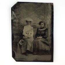 Seated Young Women Studio Tintype c1870 Antique 1/6 Plate Backdrop Photo D930 picture