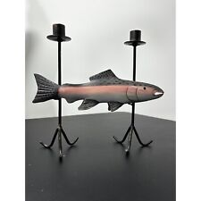 Trout Candleholder Painted Rainbow Trout Tapers Iron Wood Stand Alone picture