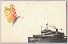 Hand Carved Painted Postcard~ The Cristopher Columbus Steamer~ Lake Michigan picture
