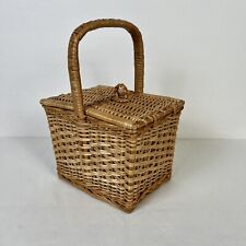 Vintage Hand Woven Hinged Picnic Sewing Treasure Basket with a Handle Small picture