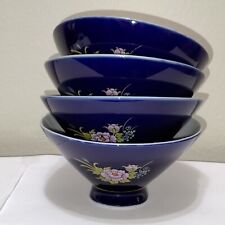 Vtg Japanese Set of 4 Rice Bowls Ceramic Cobalt Blue Gold Peacock Design Soup picture