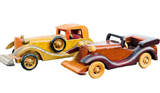 Classic Car Wood Models Pair of 2 Automobile Vehicles Shelf Display Collectibles picture