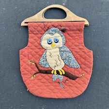 Vintage Purse Knitting Sewing Bag Wooden Handle Sleepy Owl Quilted picture