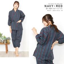 Japanese SAMUE Traditional Kimono Ladies 100% Cotton Tsumugi Relax Navy×Red LL picture