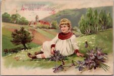 Vintage 1911 HAPPY BIRTHDAY Greetings Postcard Girl with Purple Violet Flowers picture