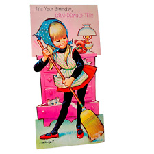 Vintage Pete Hawley GIRL w/ CAT in Drawer Sweeping Birthday Card 1970s 70s Mod picture