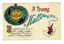 Early 1900's Halloween Postcard Witch, Black Cat & Pumpkin, Embossed picture