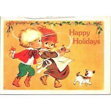 Vintage Christmas Postcard 1970s Cute Children With Bakery, Gift and a Dog picture