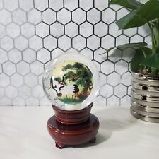 Vintage Reverse Hand Painted Cranes Revolving Sphere Ball Paperweight on Stand picture