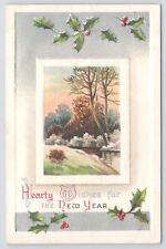PM 1911~Hearty Wishes For The New Year~River Through Forest & Holly Berries~Vtg picture
