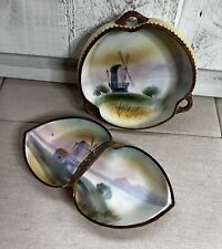Vintage Nippon Hand Painted Windmill Candy Potpourri Trinket Handled Bowl Set picture