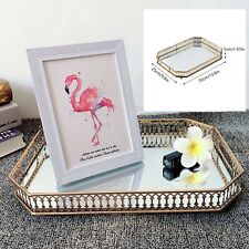 Vintage Glass Metal Octagon Mirror Surface Tray Luxurious Makeup Perfume Holder picture