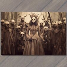 POSTCARD Weird Creepy Woman Mask Cult Horns Woods Halloween Unusual Strange picture