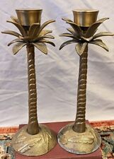 Pair of 2 Vintage Solid Brass Palm Tree Frond Leaf Candle Stick Holders 13