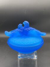 Vtg Westmoreland Dark Blue Mist (Satin) Glass Dish, Love Birds on a Nest, MINT picture
