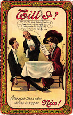 1910 Meeker Humor Art WILL I? Couple Having Dinner Postcard picture