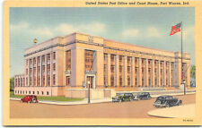 Indiana-IN-Fort Wayne-Post Office-Court House-Cars-Flag-Vintage Linen Postcard picture