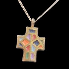 Vtg Enamel Mosaic Cross Necklace Israel 1969 Terra Sancta Guild Gold Brass Tone picture