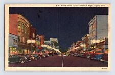 Postcard Ohio Elyria OH Broad Street Downtown Night Car Auto 1940 Posted Linen picture