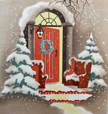 40s Beautiful  House Snowy Entrance Porch Vtg Christmas Card USED picture