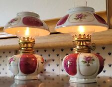 Vintage Matching Pair Small Parrafin Oil Lamps with rose & red gem decoration picture