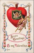 1910s VALENTINE'S DAY Postcard Angel Boy w/ Mandolin / Angel Girl in Heart House picture
