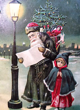 Christmas Santa Claus Postcard 1906 Green Robe Lamp Post Embossed Germany BW 291 picture