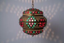 Vintage Pierced Jeweled Brass Moroccan / Persian Pendant Light Lantern picture
