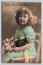 RPPC Dressed Girl Studio Portrait Floral Hand Color Tint ANTIQUE Postcard picture
