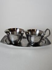 VTG Stainless 3 Pc. Creamer & Sugar Bowl Set With Tray Japan Floral Design  picture