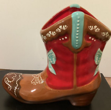 THE PIONEER WOMAN STONEWARE HAND PAINTED RED, BROWN & BLUE BOOT PLANTER picture