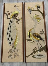 Vintage MCM Peacock & Heron Sequin Beads And Jewelry Framed Pictures 36”x 12” picture