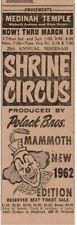 1962 Shrine Circus Medinah Temple Polack Bros. Chicago Newspaper Print Ad 5.5x2