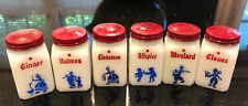 Dutch Shakers McKee Milk Glass Spice Set 1950s Vintage White & Blue w Red Lids picture