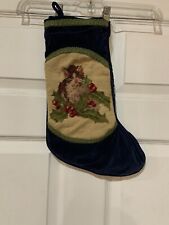 Unbranded Blue Velvet Lined Christmas Stocking w/ Kitten & Holly Needle Point picture