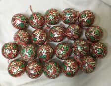 Christmas Tree Hanging Ornaments Paper Mache Green Red Gold Tone Set of 21 picture