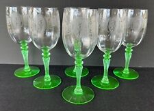Tiffin Glass Classic Green Uranium Stem Nymph Etched Water Goblets 8” Set of 6 picture