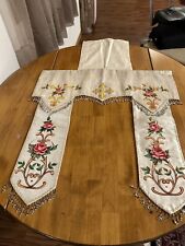 Antique French Religious Silk Altar Antependium Painted Liturgical Fabric Beaded picture