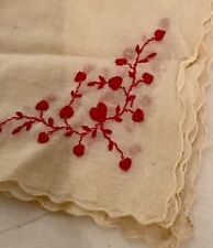 Handkerchief  9” Square  Red Flowers Heart  Scalloped Edge  Hand Embroidered picture