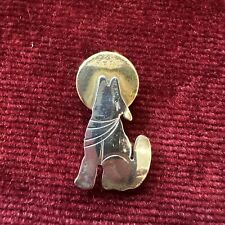 H. Wood Vintage Wolf Howling At Moon  Sterling Silver & Copper Pin Brooch picture