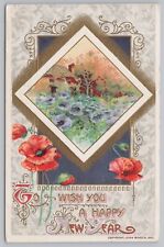 New Year~Lavender Flowers/Home In Gold Diamond~Poppies~Emboss~John Winsch~Vtg PC picture