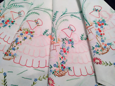 VINTAGE HAND EMBROIDERED LINEN TABLECLOTH ~ LOVELY CRINOLINE LADIES & FLOWERS picture