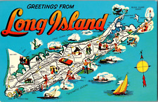 Postcard Greetings From Long Island Map L.I. New York Chrome Postmarked 1969 picture