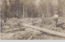 Group of Loggers MEN working on fallen log pile RPPC photo postcard picture