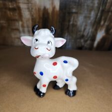Vintage White Blue Red Polka Dot Cow Horns Japan Kitsch Figurine 3 In Porcelain  picture