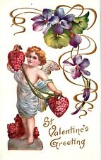 St. Valentine's Greeting Cupid & Heart-Shaped Flower Bouquets 1900s Postcard picture