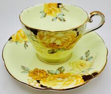 Vintage Aynsley Yellow Cabbage Rose Pale Green Cup & Saucer; Teacup England picture