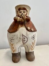 Vintage Folk Art Clay Vase Round Man Playing Saxophone 10” Peruvian picture